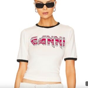 Ganni Fitted Red Logo T-Shirt Tee in Egret in Size XS X-Small